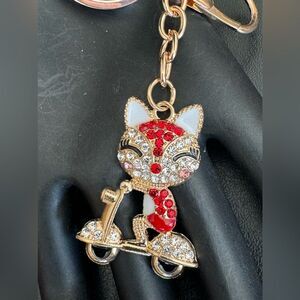 BAG CHARM  Gold Tone Red Crystal Kitty on Scooter Bag Charm Keychain